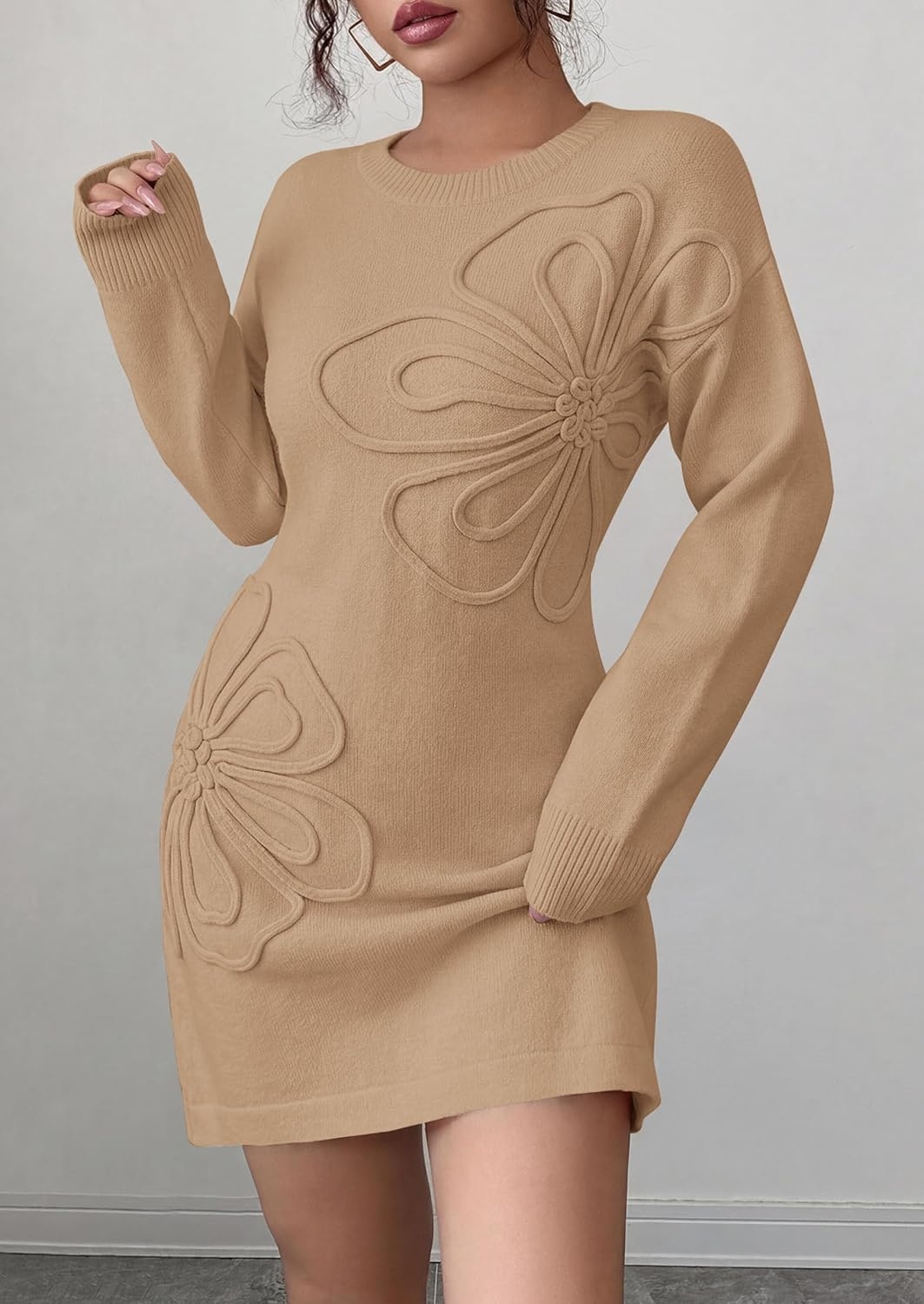 image:imagePRETTYGARDEN Womens Floral Embroidered Bodycon Sweater DressKhaki