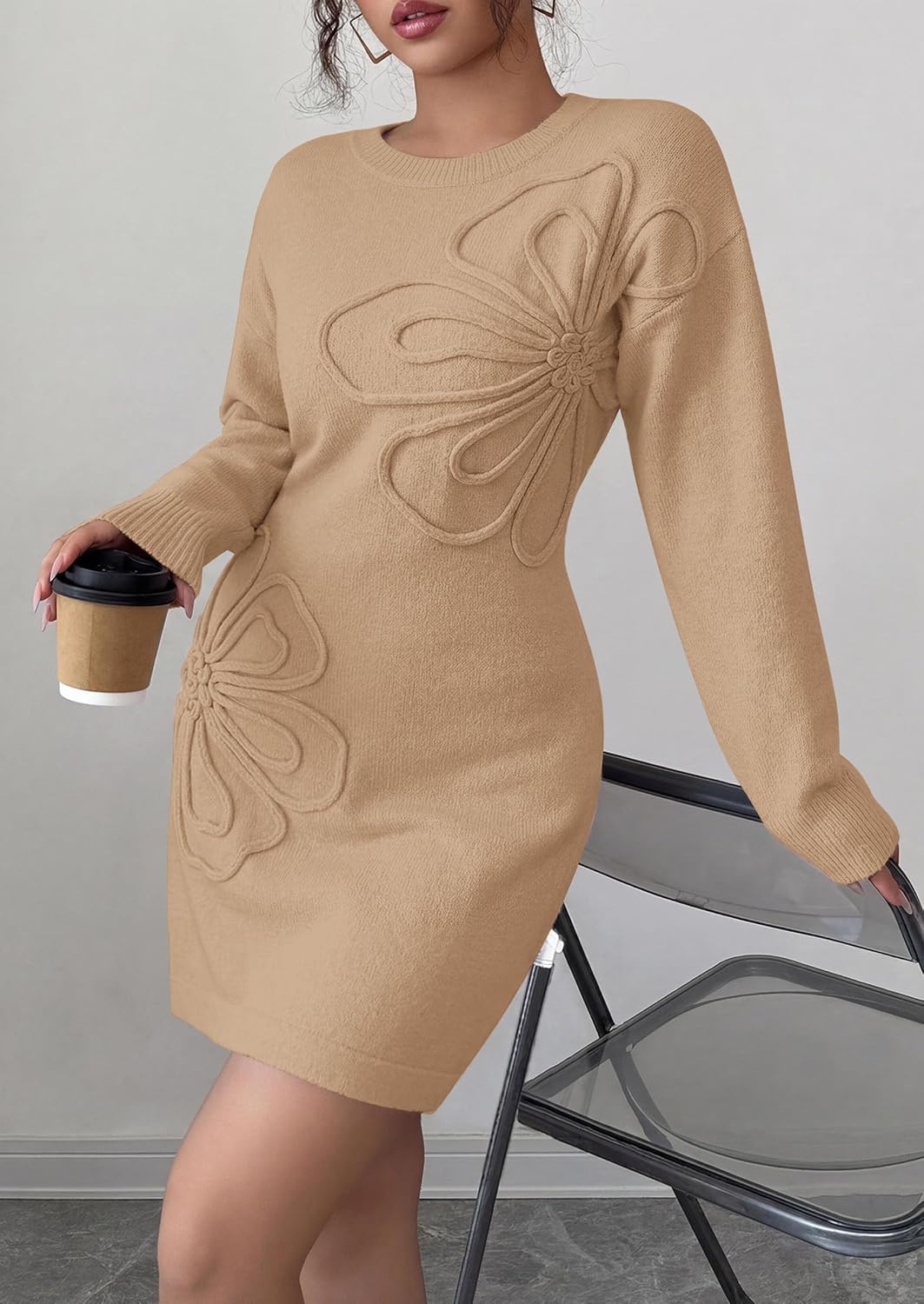 image:imagePRETTYGARDEN Womens Floral Embroidered Bodycon Sweater DressKhaki