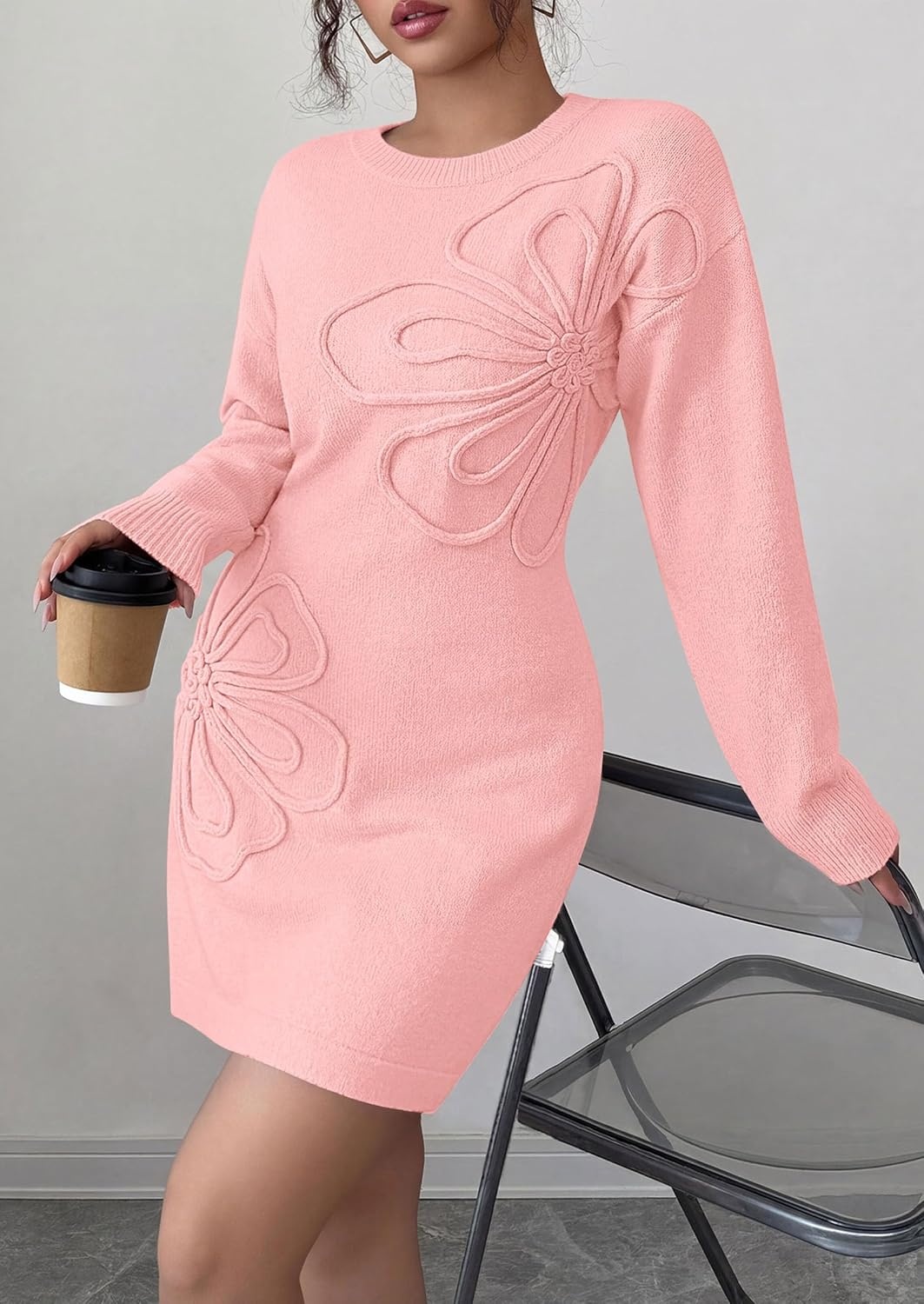 image:imagePRETTYGARDEN Womens Floral Embroidered Bodycon Sweater DressPink