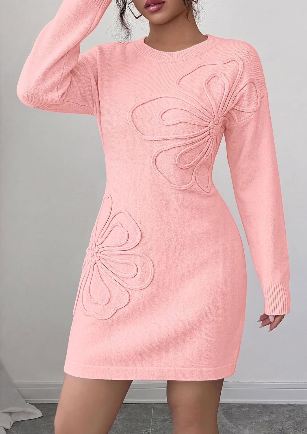image:imagePRETTYGARDEN Womens Floral Embroidered Bodycon Sweater DressPink