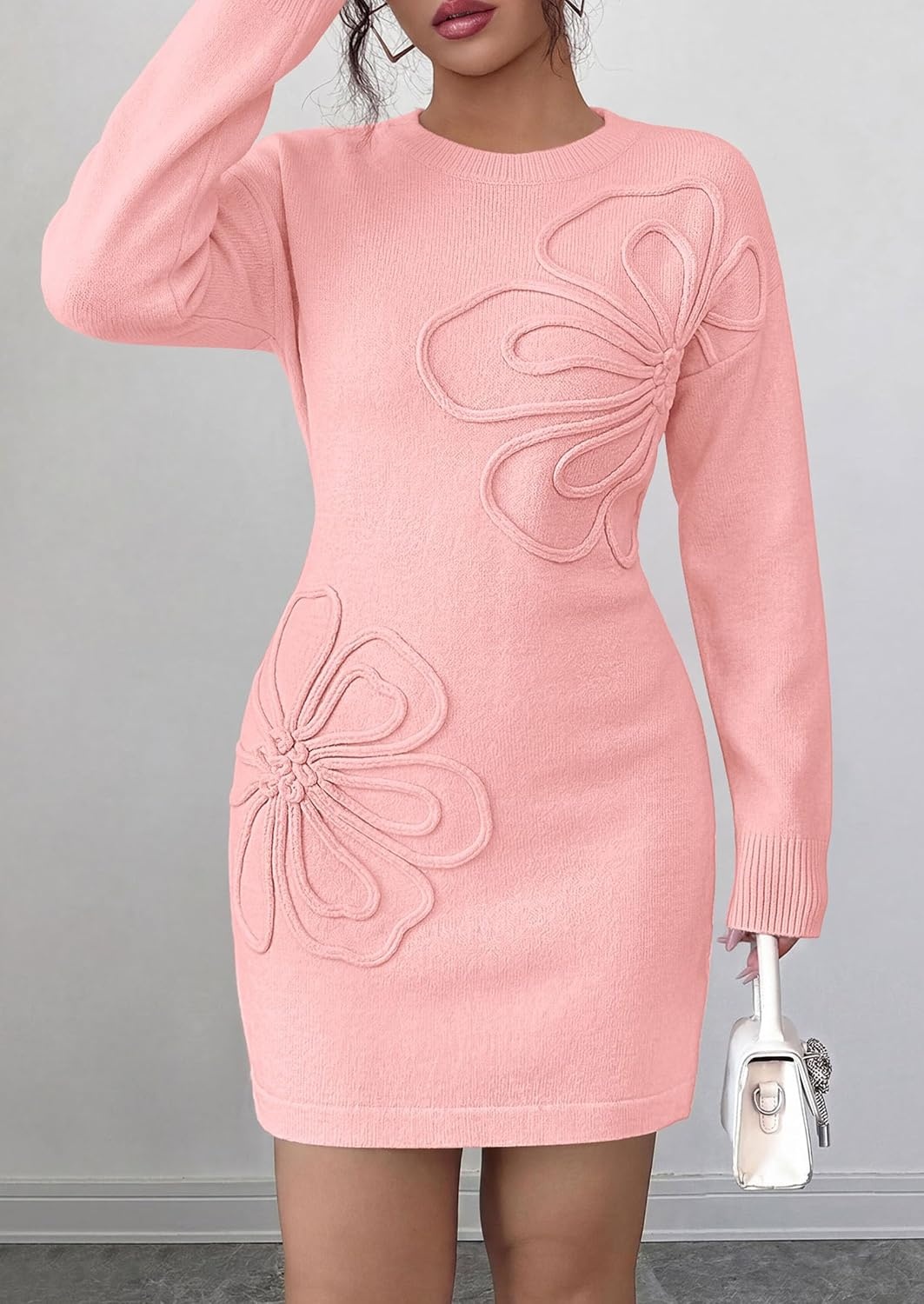 image:imagePRETTYGARDEN Womens Floral Embroidered Bodycon Sweater DressPink