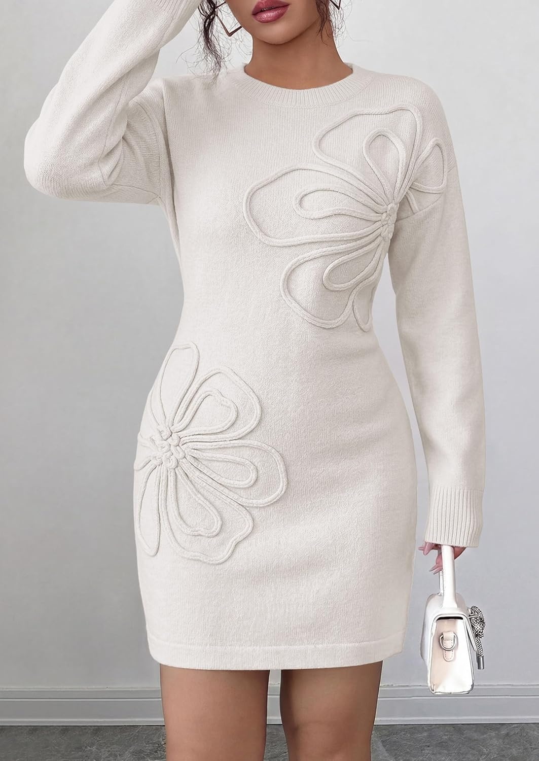 image:imagePRETTYGARDEN Womens Floral Embroidered Bodycon Sweater DressWhite