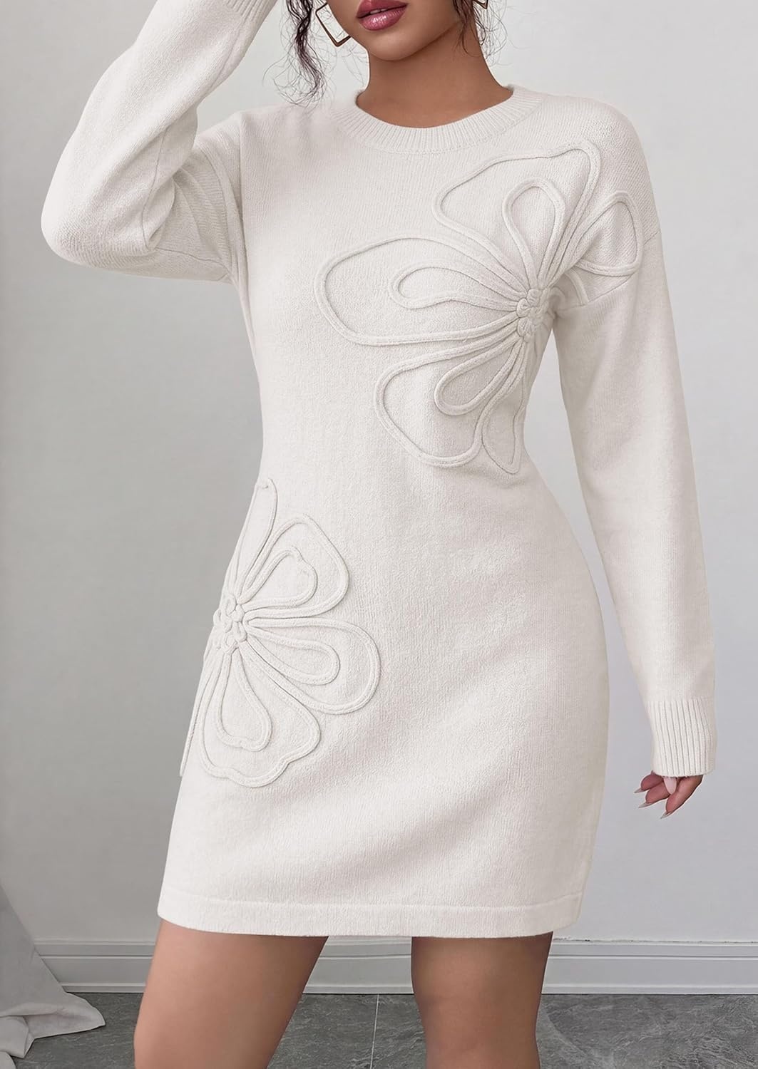 image:imagePRETTYGARDEN Womens Floral Embroidered Bodycon Sweater DressWhite