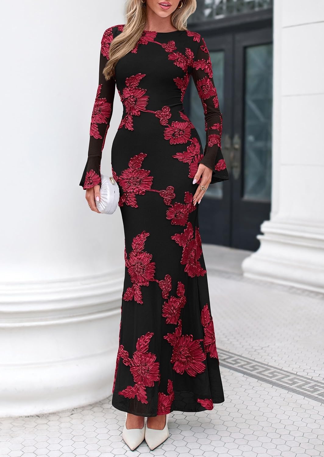 image:imagePRETTYGARDEN Womens Formal Floral Maxi Bodycon DressesBlack Red