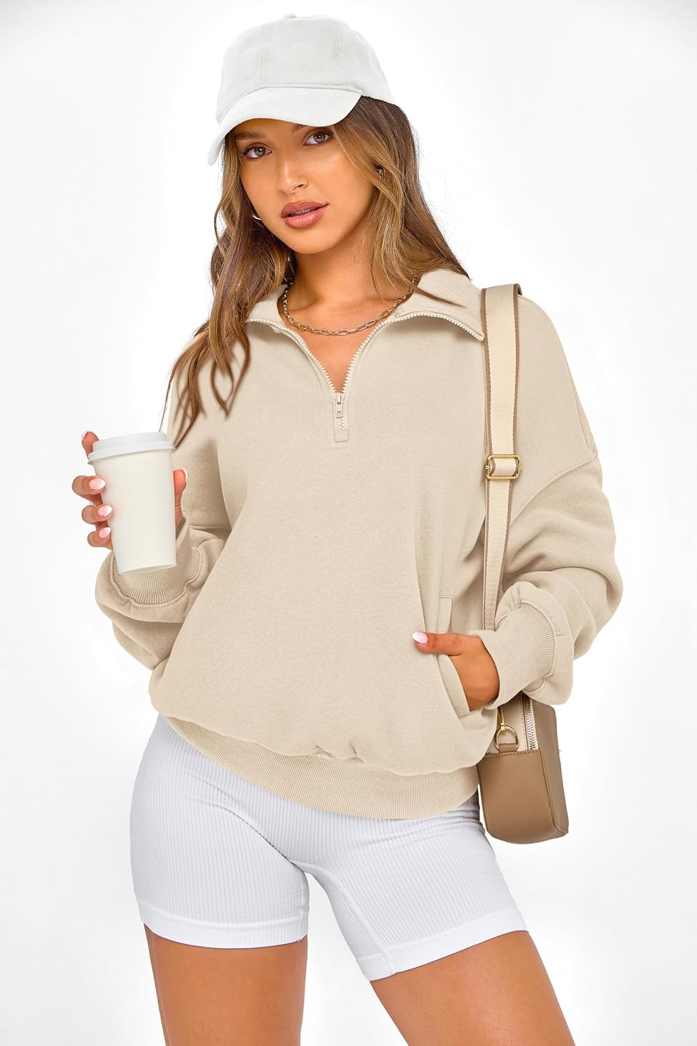 image:imagePRETTYGARDEN Womens Half Zip Oversized Sweatshirts Fleece Hoodies TrendyBeige