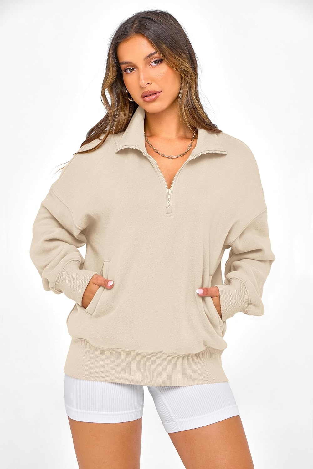 image:imagePRETTYGARDEN Womens Half Zip Oversized Sweatshirts Fleece Hoodies TrendyBeige