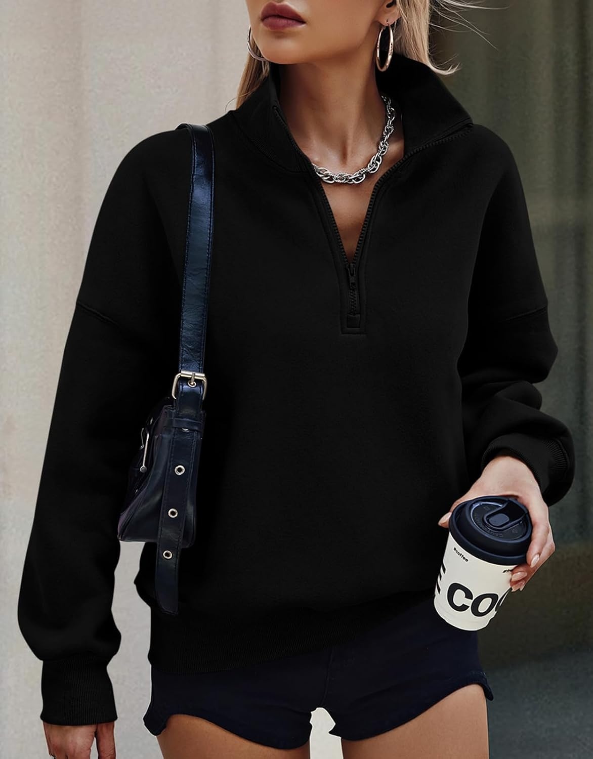 image:imagePRETTYGARDEN Womens Half Zip Oversized Sweatshirts Fleece Hoodies TrendyBlack