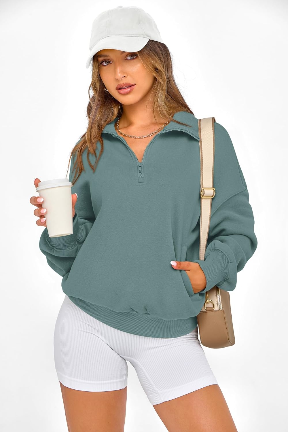 image:imagePRETTYGARDEN Womens Half Zip Oversized Sweatshirts Fleece Hoodies TrendyBlue Green