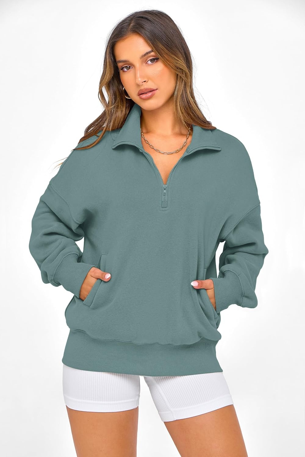 image:imagePRETTYGARDEN Womens Half Zip Oversized Sweatshirts Fleece Hoodies TrendyBlue Green