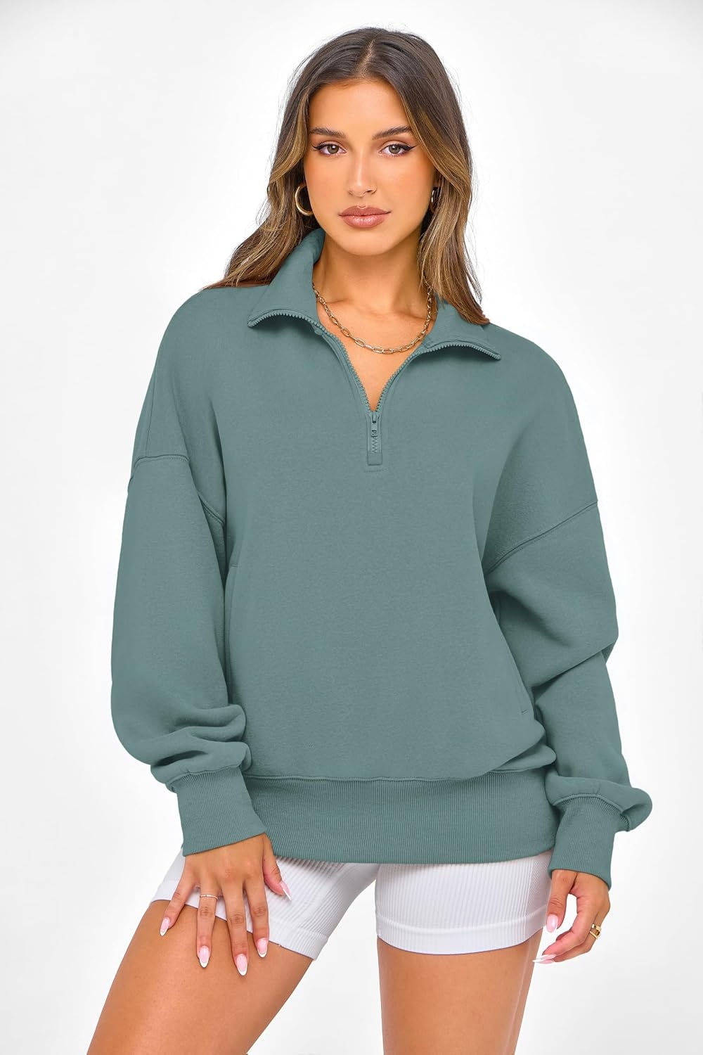 image:imagePRETTYGARDEN Womens Half Zip Oversized Sweatshirts Fleece Hoodies TrendyBlue Green