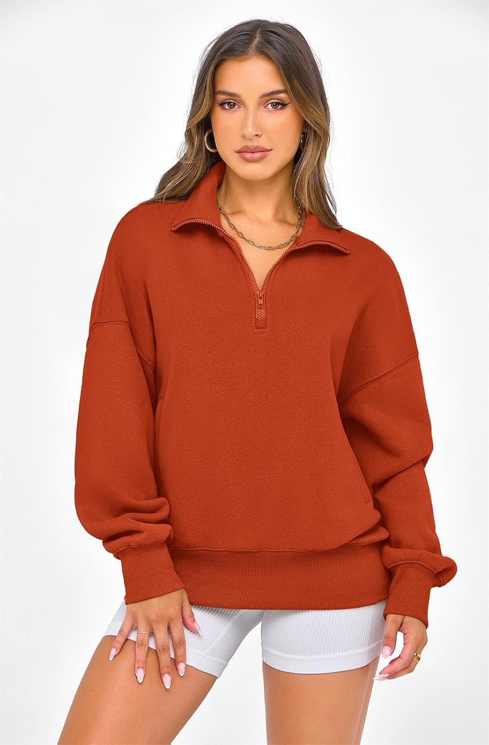 image:imagePRETTYGARDEN Womens Half Zip Oversized Sweatshirts Fleece Hoodies TrendyBrick Red