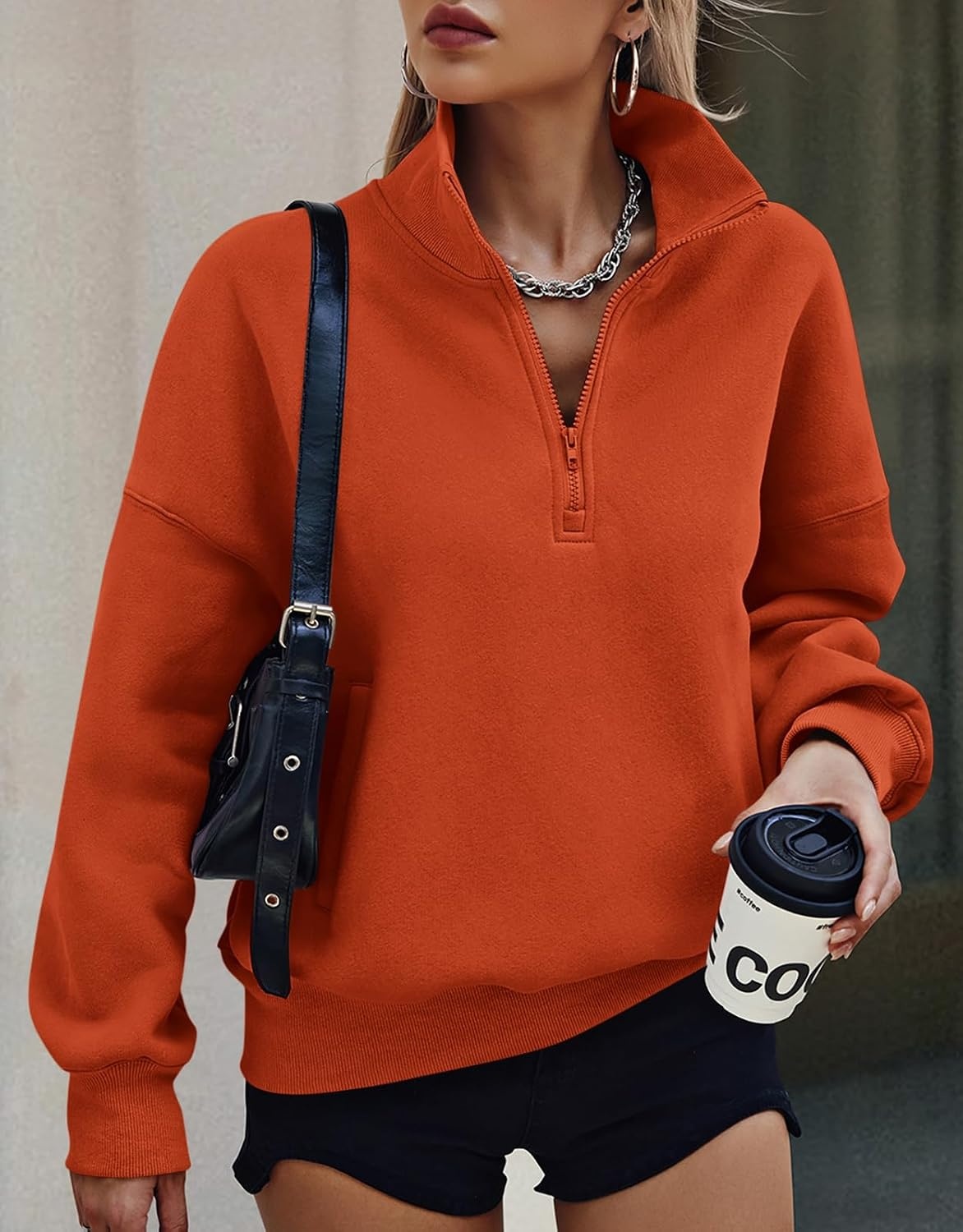 image:imagePRETTYGARDEN Womens Half Zip Oversized Sweatshirts Fleece Hoodies TrendyBrick Red