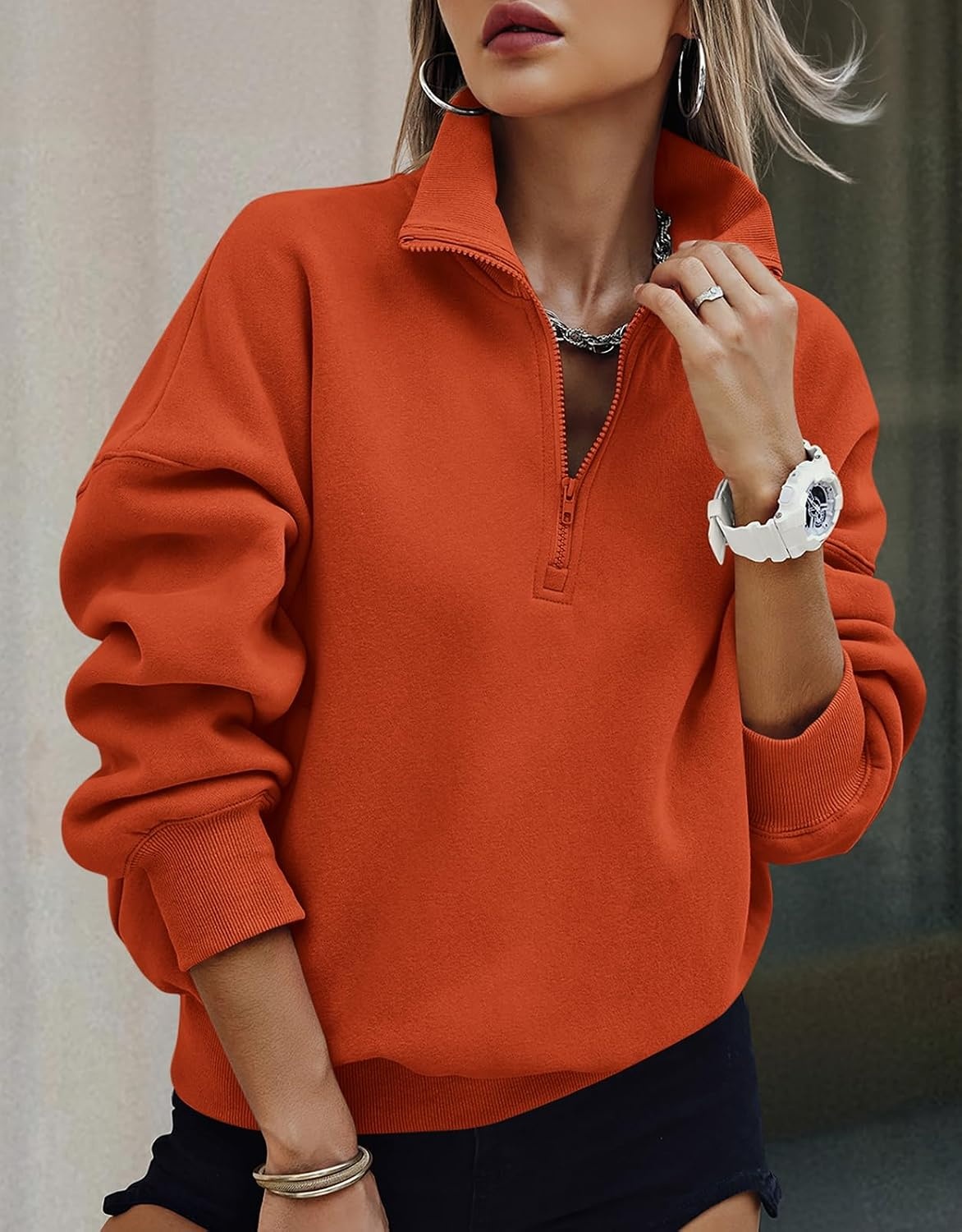 image:imagePRETTYGARDEN Womens Half Zip Oversized Sweatshirts Fleece Hoodies TrendyBrick Red