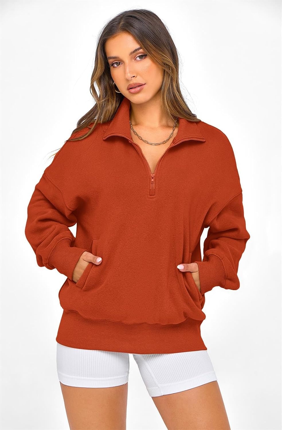 image:imagePRETTYGARDEN Womens Half Zip Oversized Sweatshirts Fleece Hoodies TrendyBrick Red