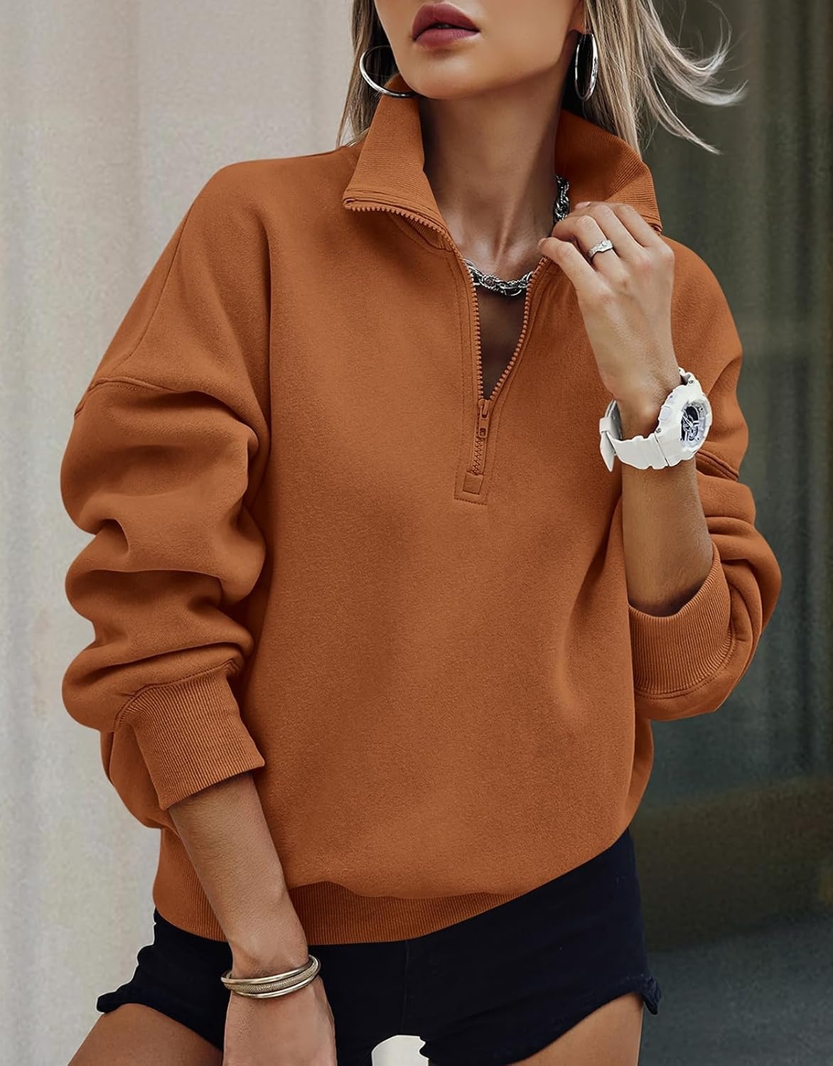 image:imagePRETTYGARDEN Womens Half Zip Oversized Sweatshirts Fleece Hoodies TrendyBrown