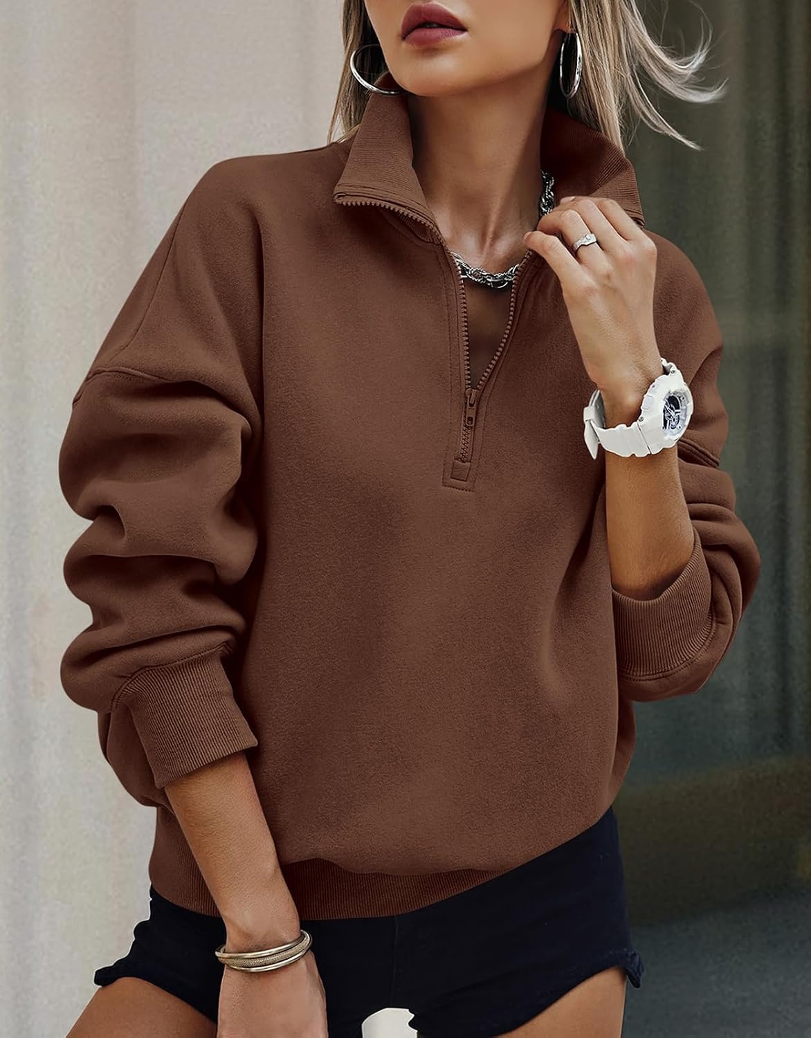 image:imagePRETTYGARDEN Womens Half Zip Oversized Sweatshirts Fleece Hoodies TrendyCoffee