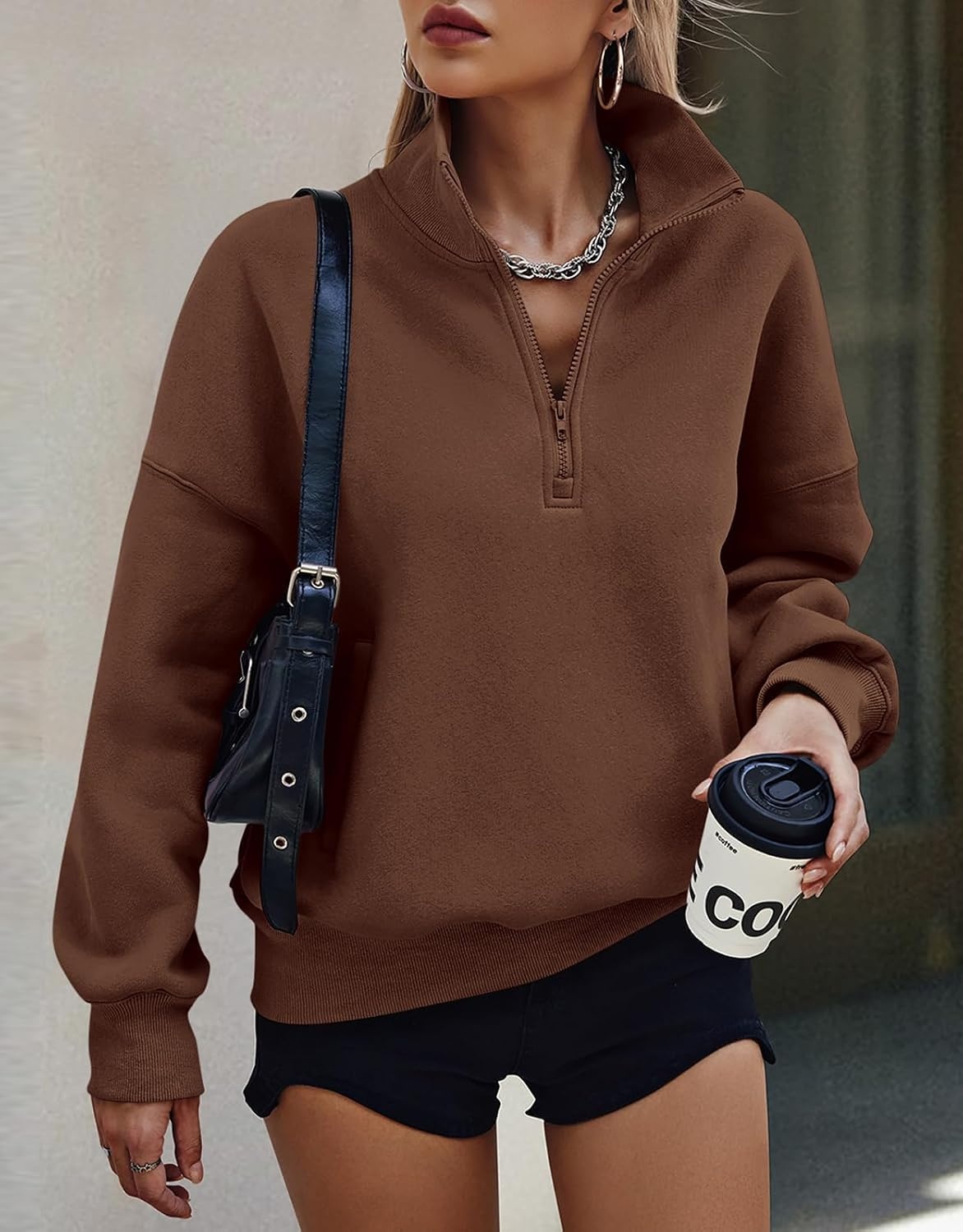 image:imagePRETTYGARDEN Womens Half Zip Oversized Sweatshirts Fleece Hoodies TrendyCoffee