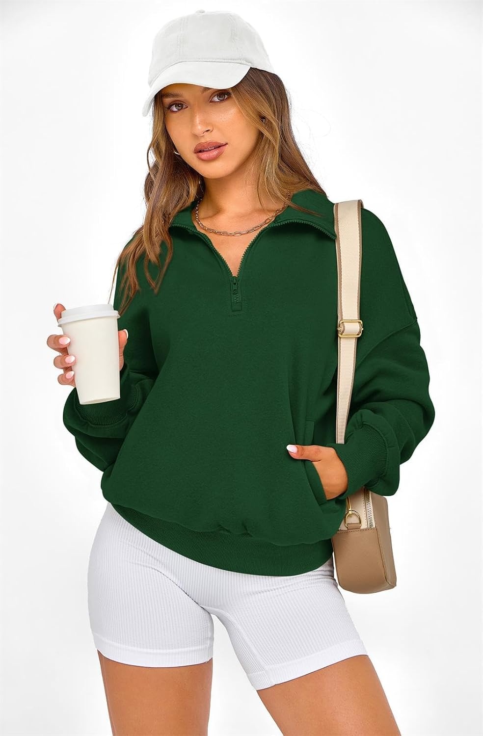 image:imagePRETTYGARDEN Womens Half Zip Oversized Sweatshirts Fleece Hoodies TrendyDark Green