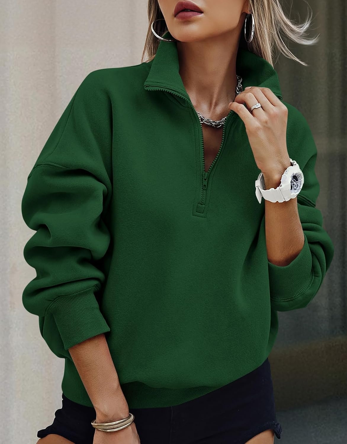 image:imagePRETTYGARDEN Womens Half Zip Oversized Sweatshirts Fleece Hoodies TrendyDark Green