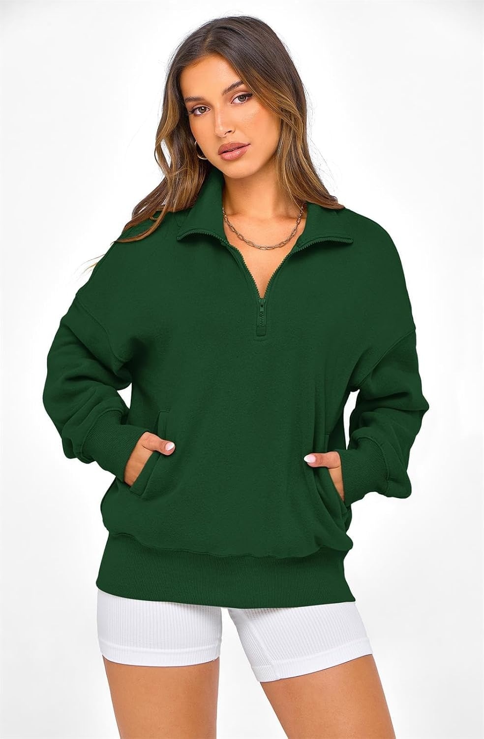 image:imagePRETTYGARDEN Womens Half Zip Oversized Sweatshirts Fleece Hoodies TrendyDark Green