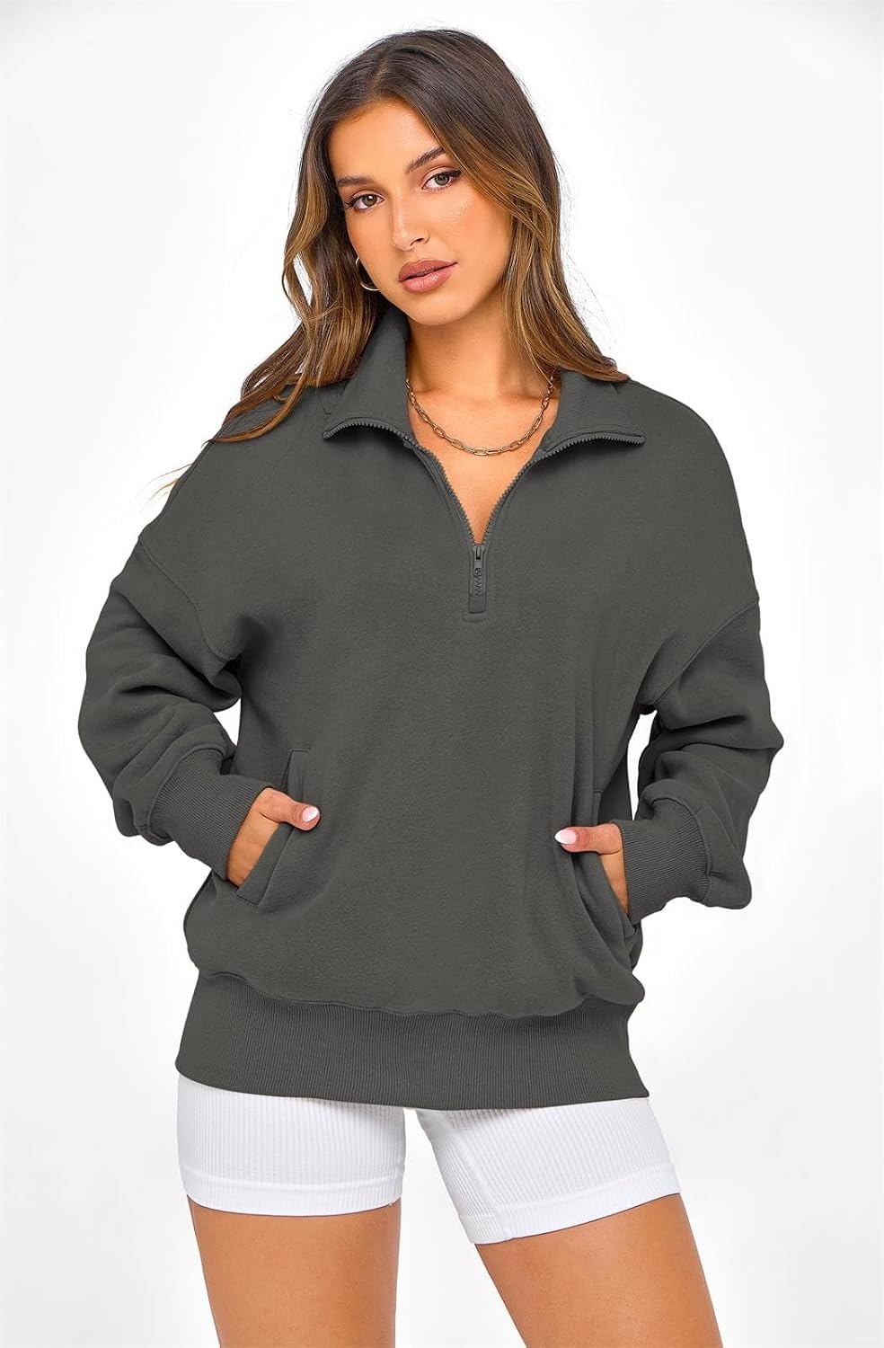 image:imagePRETTYGARDEN Womens Half Zip Oversized Sweatshirts Fleece Hoodies TrendyDark Grey