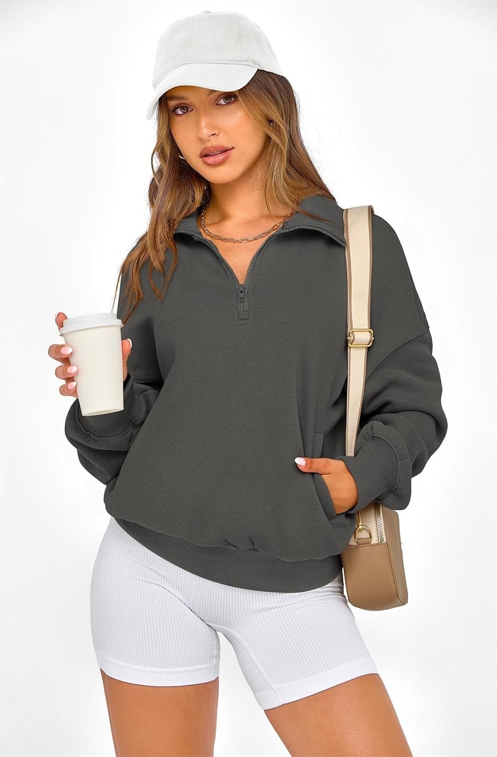 image:imagePRETTYGARDEN Womens Half Zip Oversized Sweatshirts Fleece Hoodies TrendyDark Grey