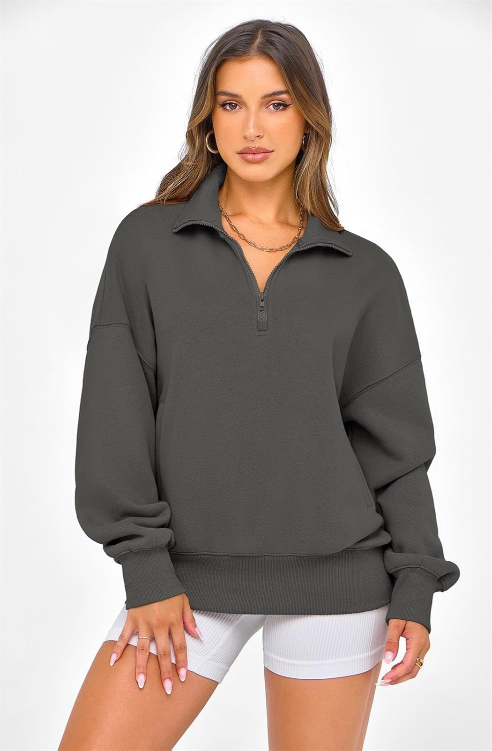 image:imagePRETTYGARDEN Womens Half Zip Oversized Sweatshirts Fleece Hoodies TrendyDark Grey