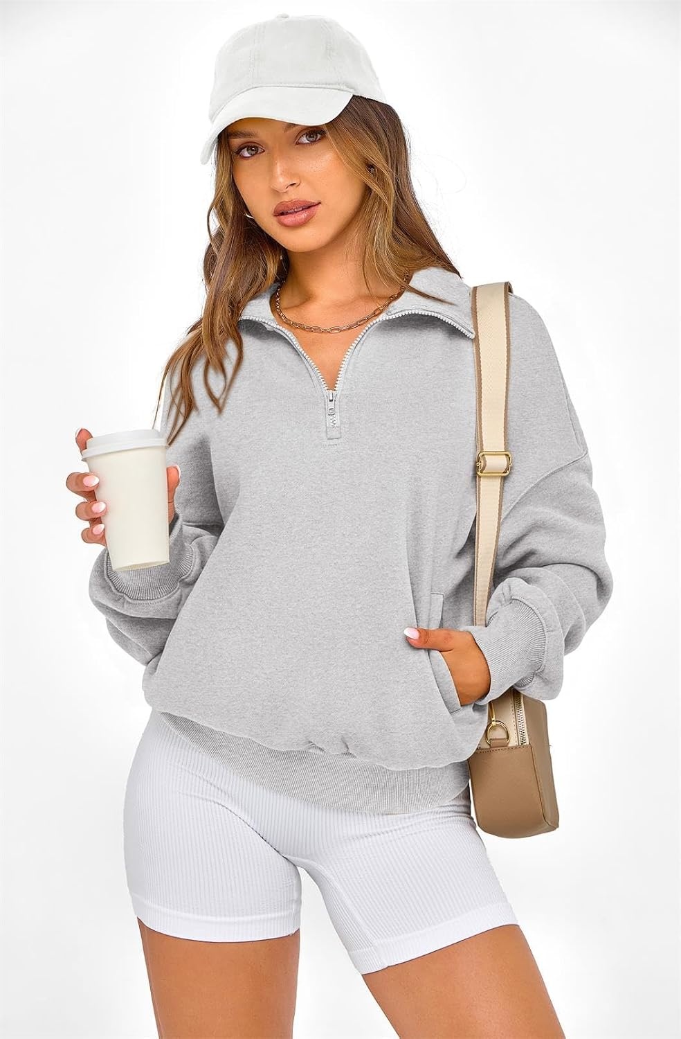 image:imagePRETTYGARDEN Womens Half Zip Oversized Sweatshirts Fleece Hoodies TrendyGrey