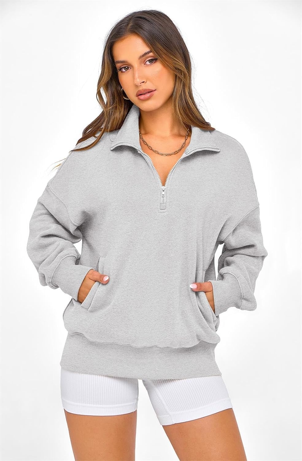 image:imagePRETTYGARDEN Womens Half Zip Oversized Sweatshirts Fleece Hoodies TrendyGrey