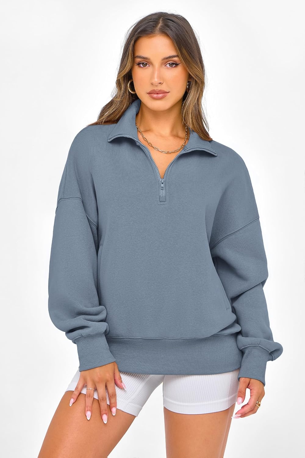 image:imagePRETTYGARDEN Womens Half Zip Oversized Sweatshirts Fleece Hoodies TrendyGrey Blue