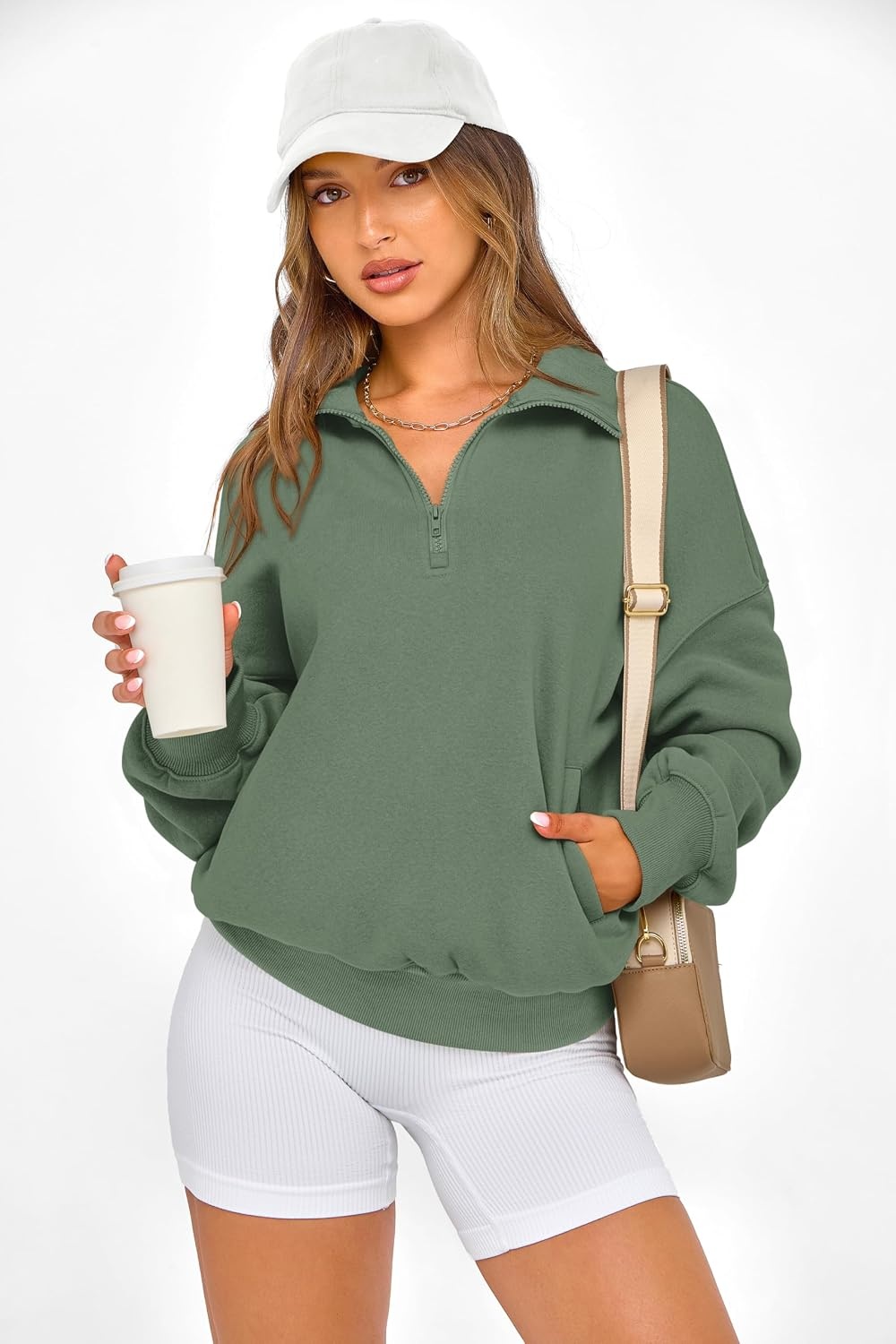 image:imagePRETTYGARDEN Womens Half Zip Oversized Sweatshirts Fleece Hoodies TrendyGrey Green