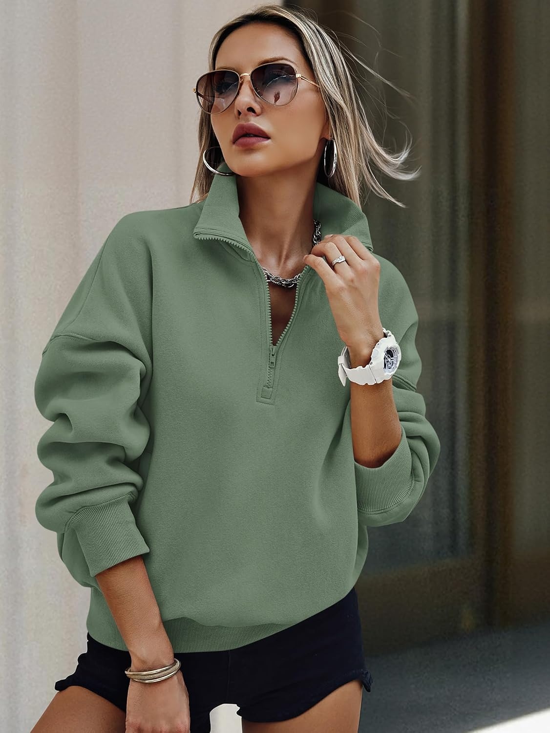 image:imagePRETTYGARDEN Womens Half Zip Oversized Sweatshirts Fleece Hoodies TrendyGrey Green