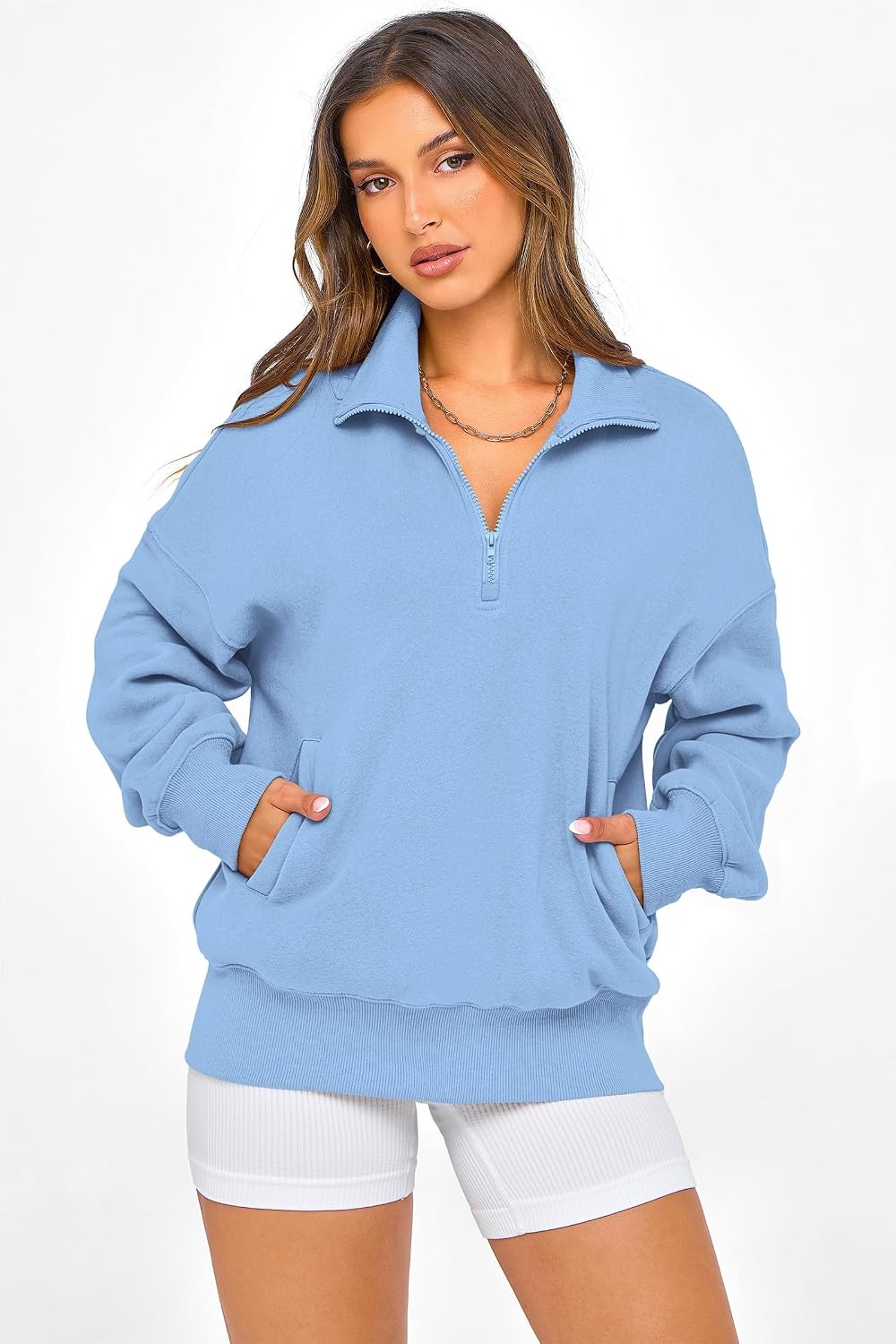 image:imagePRETTYGARDEN Womens Half Zip Oversized Sweatshirts Fleece Hoodies TrendyLight Blue