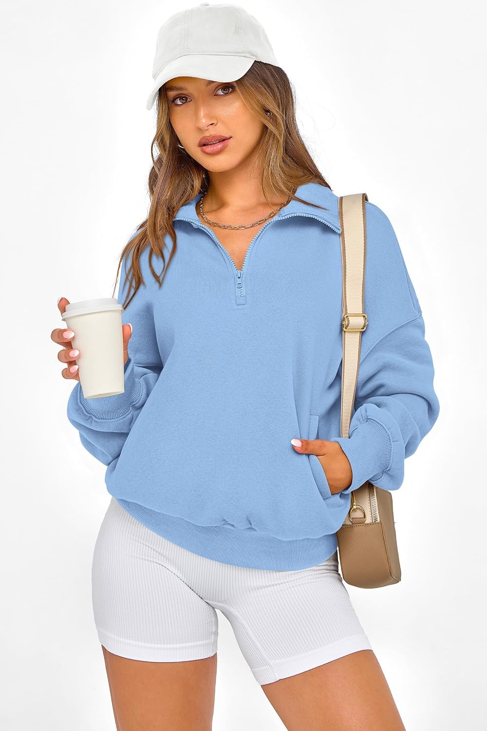 image:imagePRETTYGARDEN Womens Half Zip Oversized Sweatshirts Fleece Hoodies TrendyLight Blue