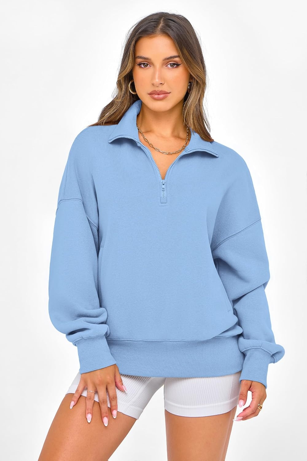 image:imagePRETTYGARDEN Womens Half Zip Oversized Sweatshirts Fleece Hoodies TrendyLight Blue