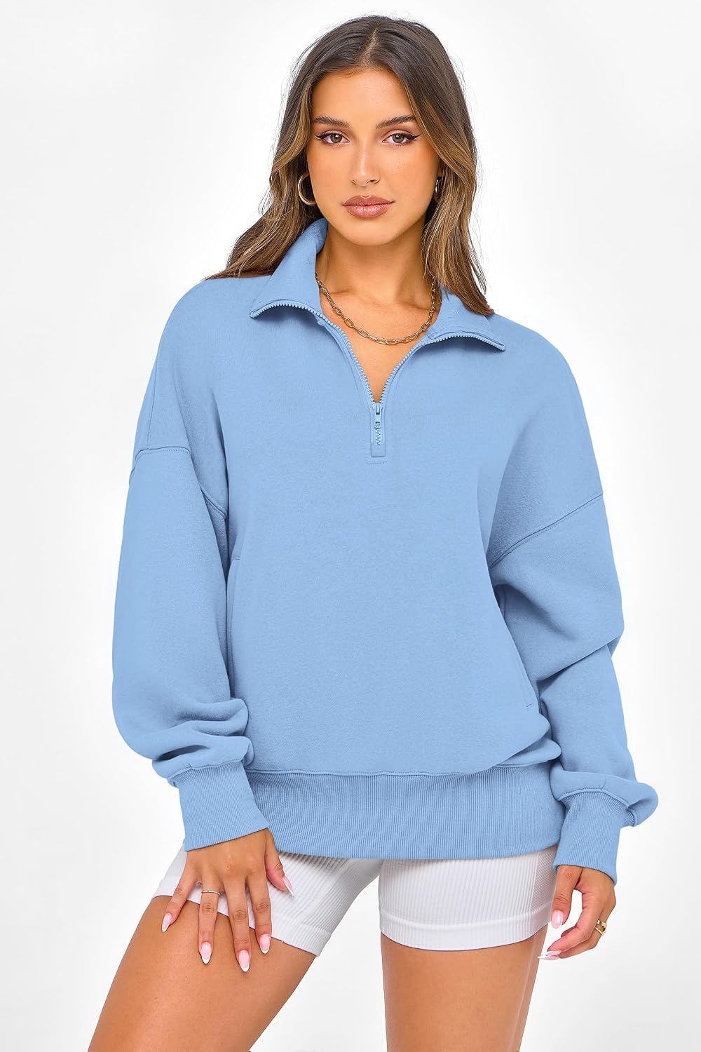 image:imagePRETTYGARDEN Womens Half Zip Oversized Sweatshirts Fleece Hoodies TrendyLight Blue