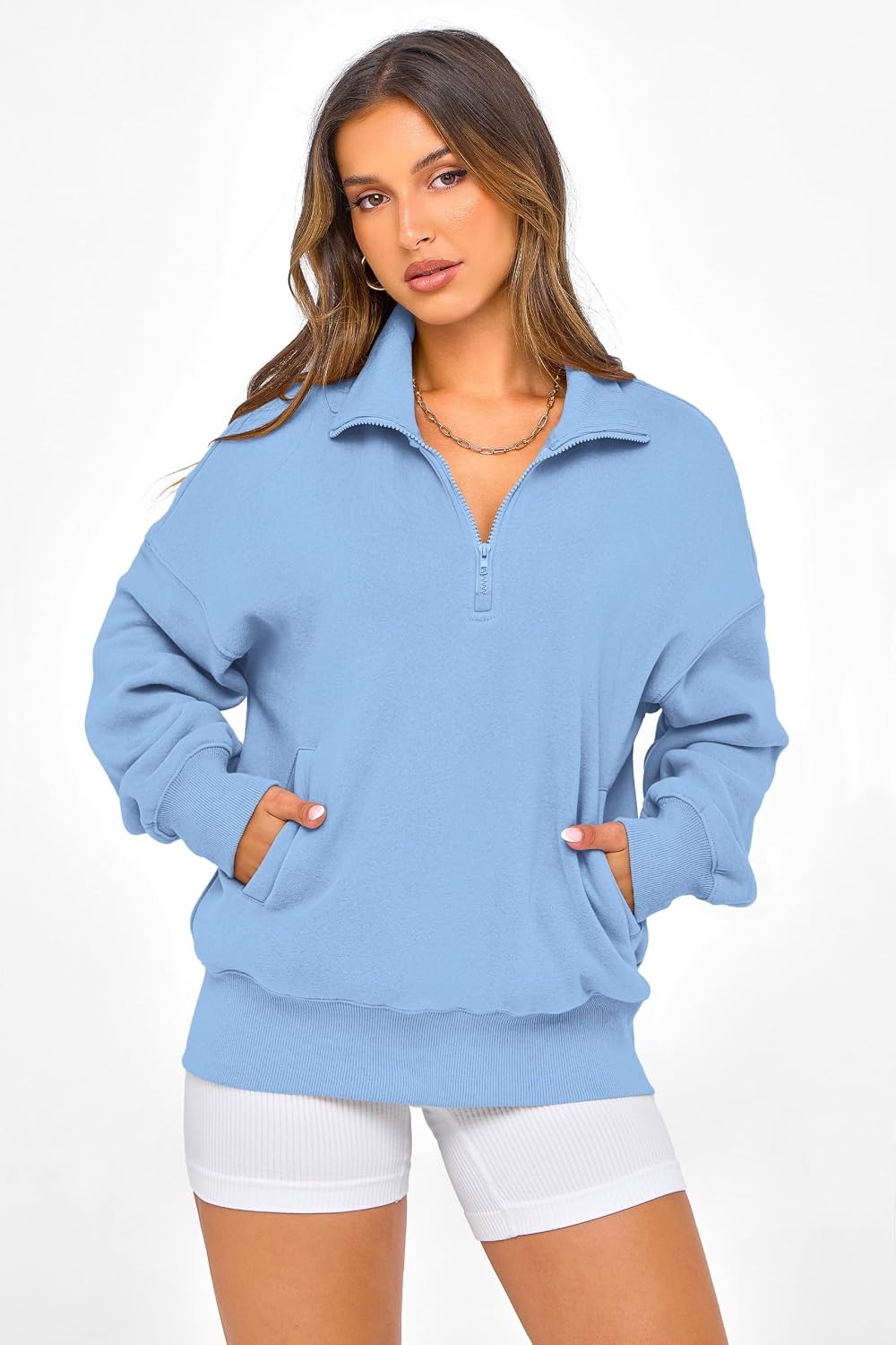 image:imagePRETTYGARDEN Womens Half Zip Oversized Sweatshirts Fleece Hoodies TrendyLight Blue