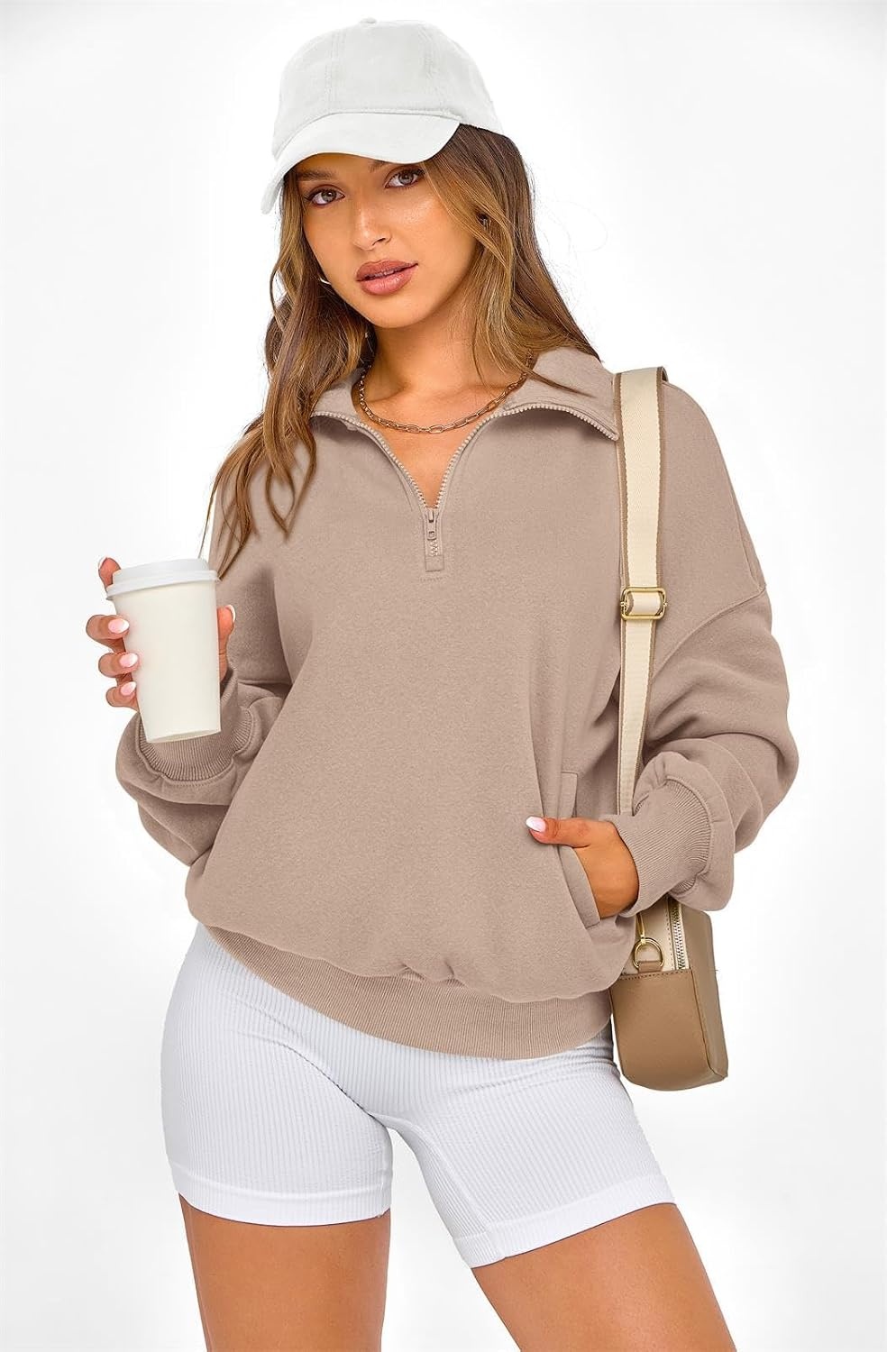image:imagePRETTYGARDEN Womens Half Zip Oversized Sweatshirts Fleece Hoodies TrendyLight Coffee