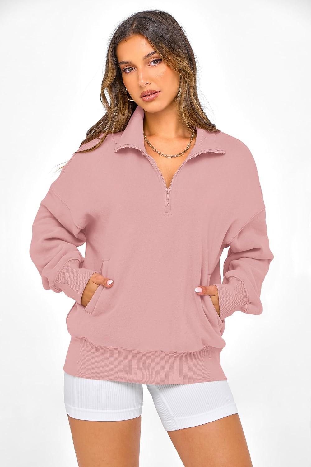 image:imagePRETTYGARDEN Womens Half Zip Oversized Sweatshirts Fleece Hoodies TrendyLight Pink