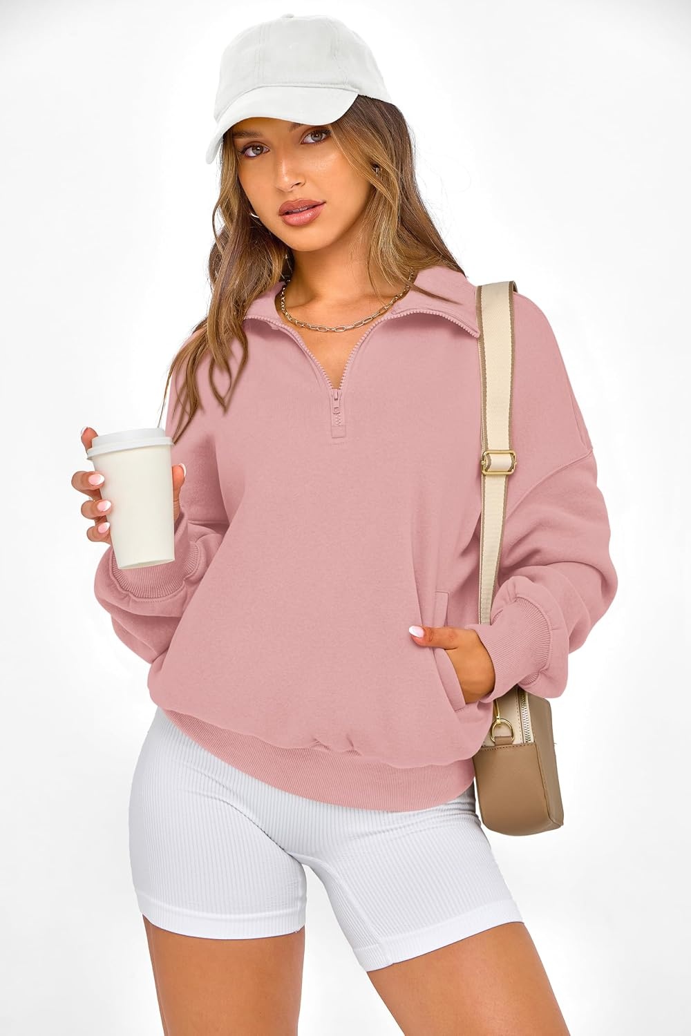 image:imagePRETTYGARDEN Womens Half Zip Oversized Sweatshirts Fleece Hoodies TrendyLight Pink
