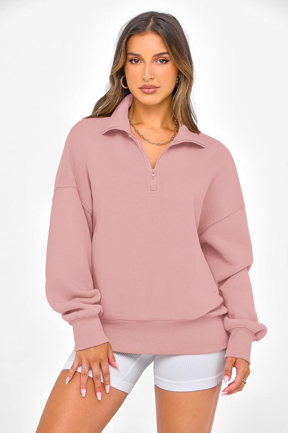 image:imagePRETTYGARDEN Womens Half Zip Oversized Sweatshirts Fleece Hoodies TrendyLight Pink