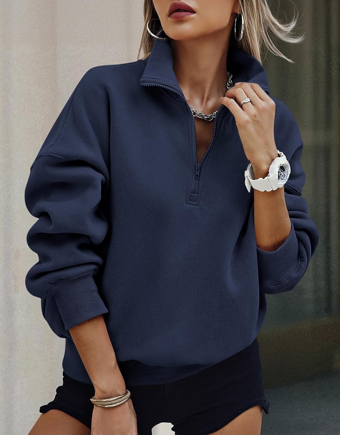 image:imagePRETTYGARDEN Womens Half Zip Oversized Sweatshirts Fleece Hoodies TrendyNavy