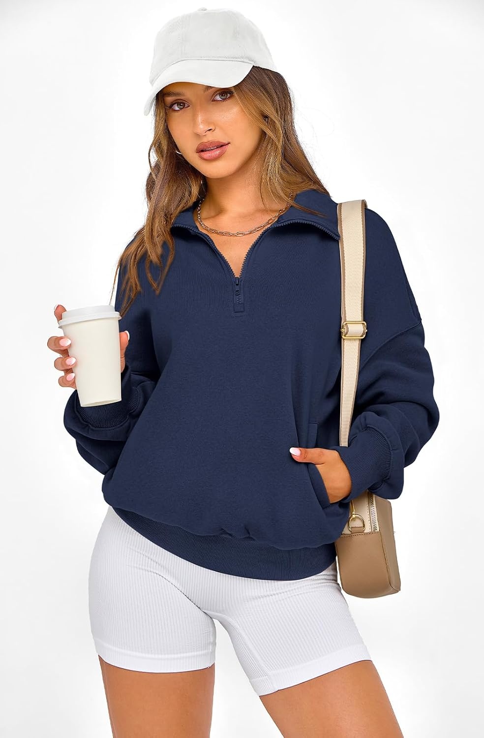 image:imagePRETTYGARDEN Womens Half Zip Oversized Sweatshirts Fleece Hoodies TrendyNavy