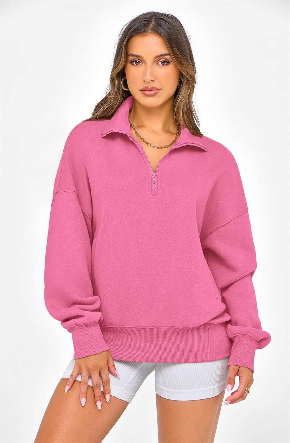image:imagePRETTYGARDEN Womens Half Zip Oversized Sweatshirts Fleece Hoodies TrendyPink