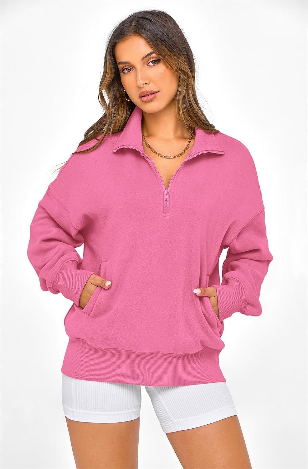 image:imagePRETTYGARDEN Womens Half Zip Oversized Sweatshirts Fleece Hoodies TrendyPink
