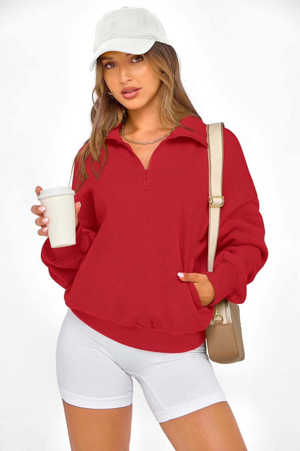 image:imagePRETTYGARDEN Womens Half Zip Oversized Sweatshirts Fleece Hoodies TrendyRed