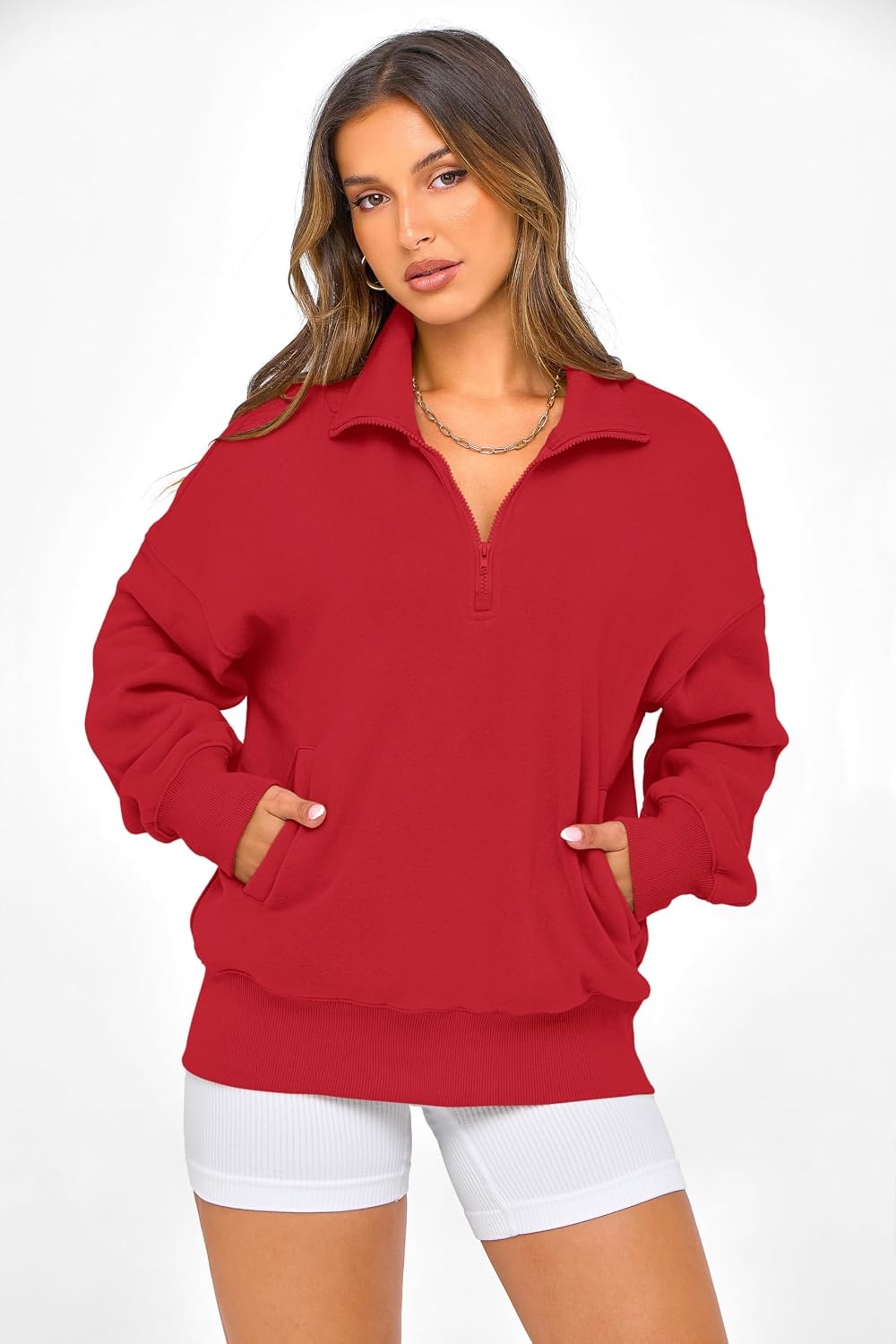 image:imagePRETTYGARDEN Womens Half Zip Oversized Sweatshirts Fleece Hoodies TrendyRed
