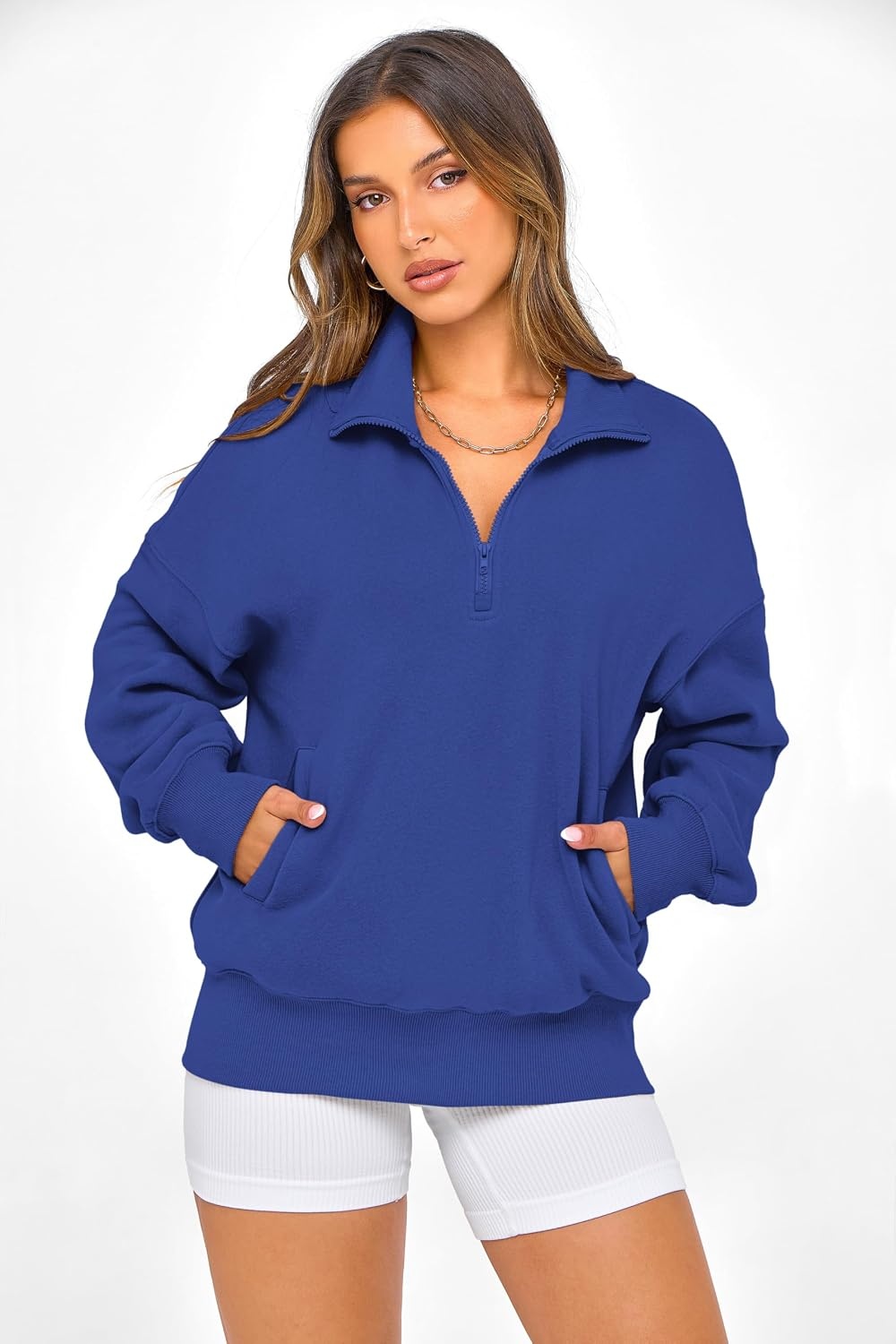 image:imagePRETTYGARDEN Womens Half Zip Oversized Sweatshirts Fleece Hoodies TrendyRoyal Blue
