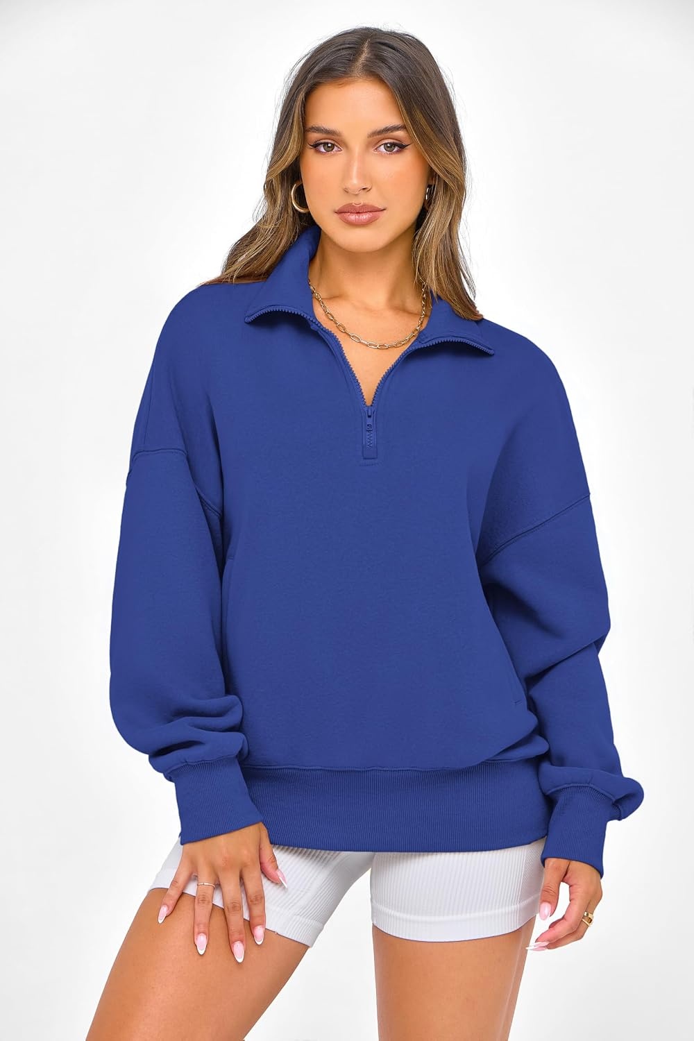 image:imagePRETTYGARDEN Womens Half Zip Oversized Sweatshirts Fleece Hoodies TrendyRoyal Blue