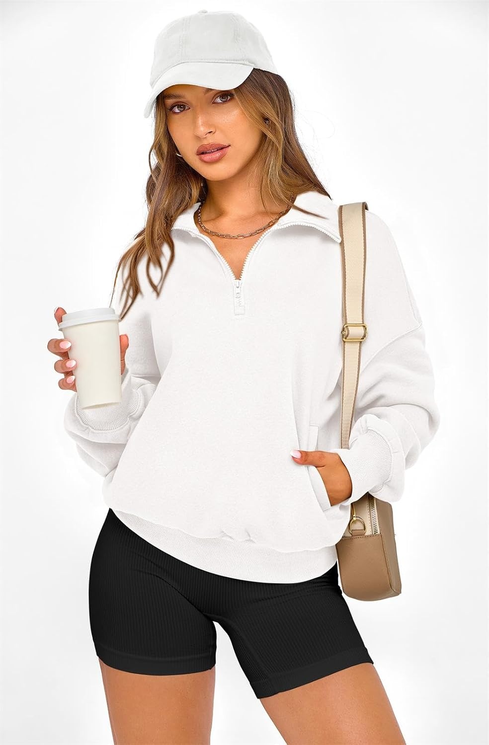 image:imagePRETTYGARDEN Womens Half Zip Oversized Sweatshirts Fleece Hoodies TrendyWhite